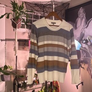 Evolution Cyrus Striped Knit Sweater Crew Neck Long Sleeve XL Brown Blue White